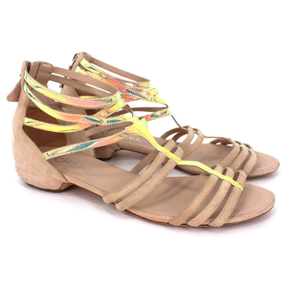 Chanel Tan Suede Iridescent Gladiator Sandals 40.5